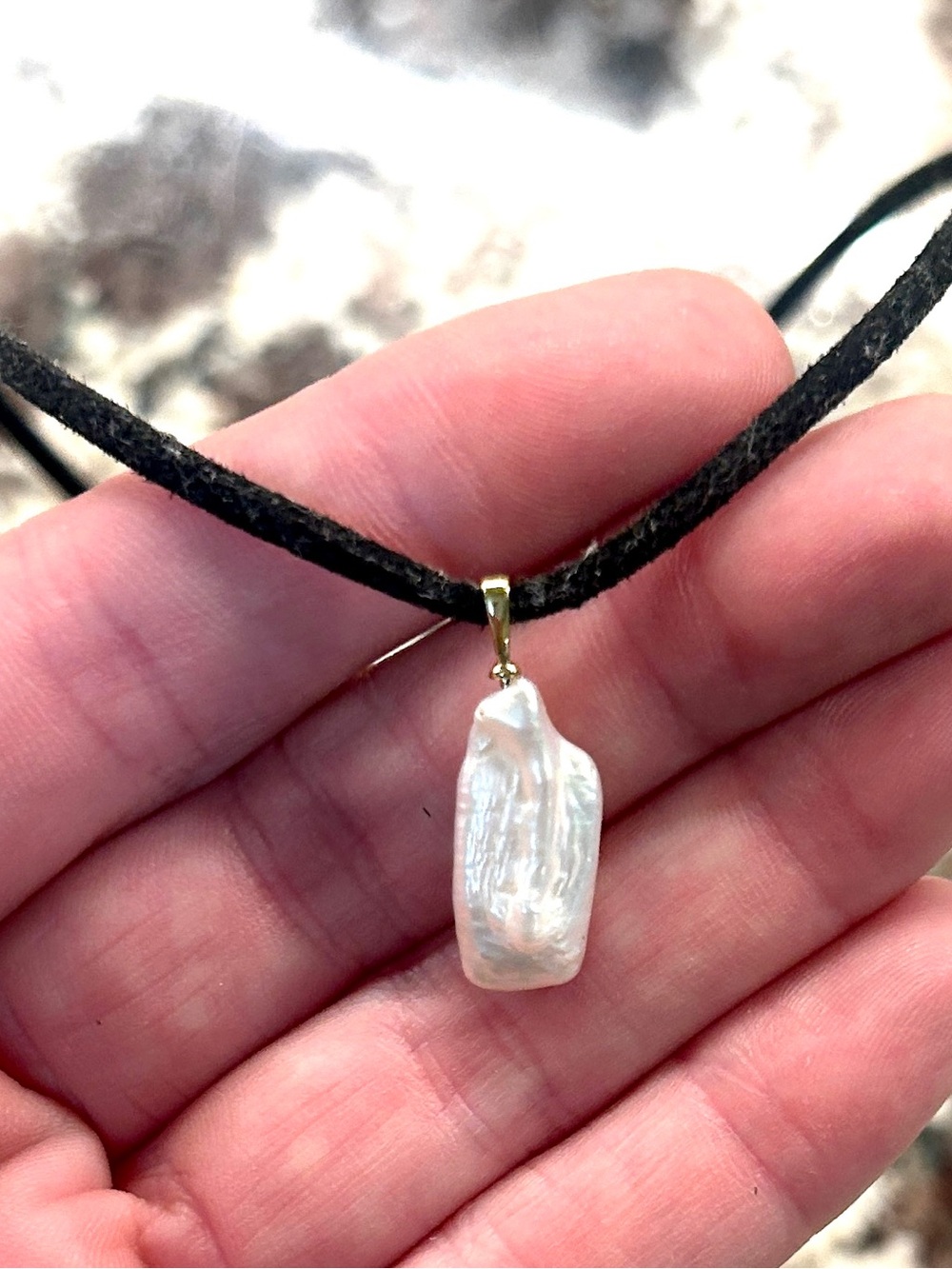 Black Suede Choker with White Baroque Pearl Pendant